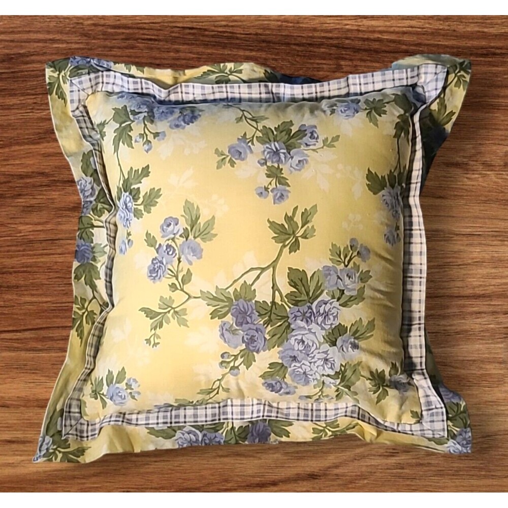 Laura Ashley Cassidy Ruffle Throw Pillow Floral Plaid Cottage Yellow 19”x19” - Picture 2 of 4